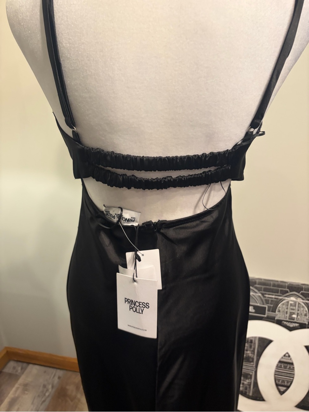 Princess Polly Black Satin Lace-Trim Long Chemise Size 6 - Picture 7 of 11